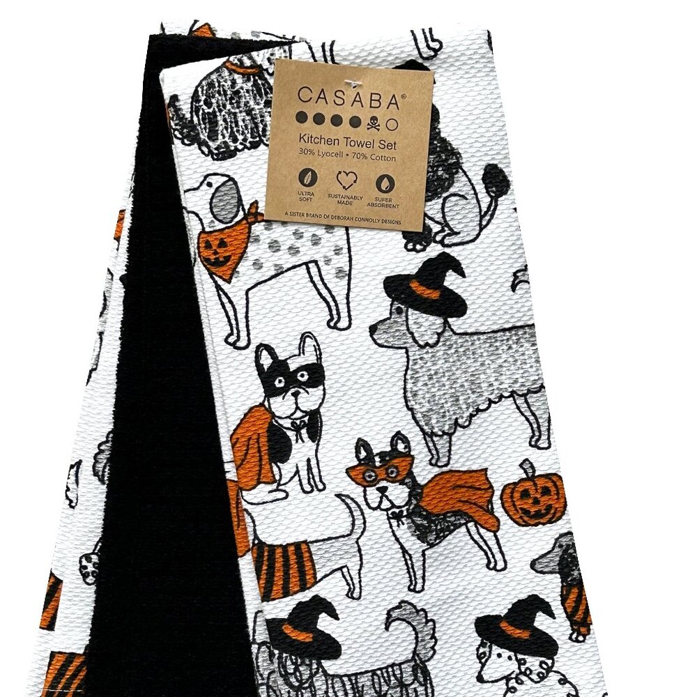 Casaba 3 Pc. Kitchen Towel Set Dogs in Halloween Fall Costumes Pumpkins NWT